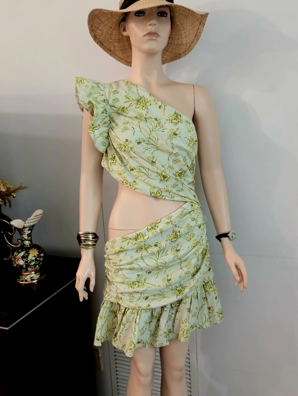 MAISIE Linen Mini Dress One-Shoulder Sage Floral Ruffle Size 8